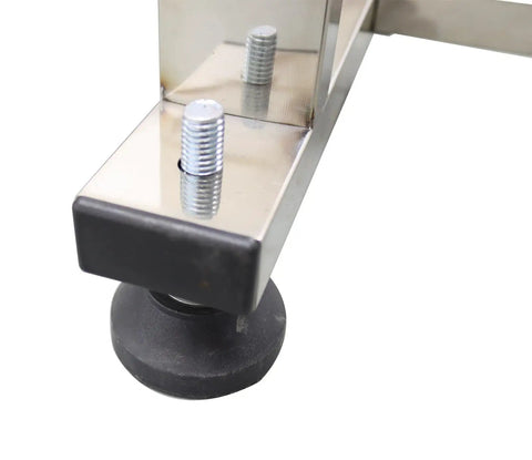 Close-up of PVC Flat Belt Conveyor With Adjustable Speed 118 By 7.8 Inch Industrial Transport Belt Black leg support made of stainless steel