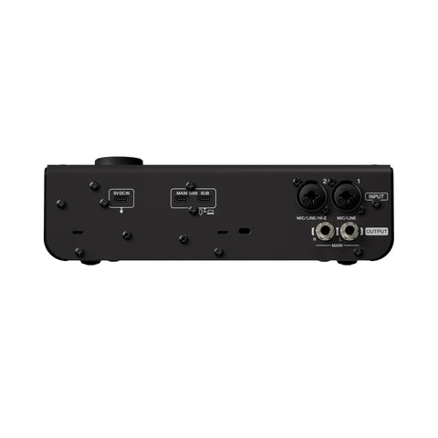 Back panel of USB-C Audio Interface With 4 In 2 Out, 32-Bit 192 kHz Support, Dual Main And Sub USB Ports, XLR and TRS inputs visible.