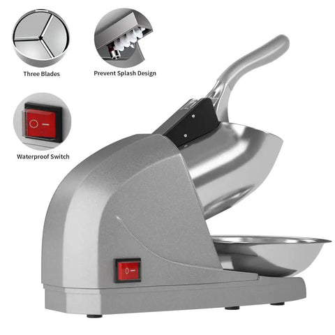 Electric Ice Shaver With Prevent Splash Design 3 Blade Snow Cone Machine 380W Shaved Ice Maker Cranks Out Up To 286 Lbs Per Hour Home Use Ice Crusher With Free Ice Pick Silver, Featuring Three Blades And Waterproof Switch.