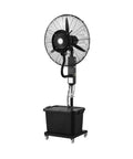 Heavy Duty Industrial Mist Fan With Adjustable Height Stand on wheels, black base, designed for cooling commercial workspaces.