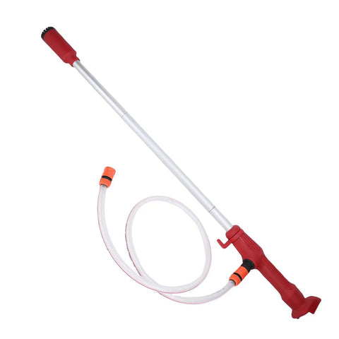 Cordless Stick Water Transfer Pump Kills Heavy Duty Draining With Zero Sweat Generating Five Hundred Fifty Four GPH Flow Pushing Liquid Up Twenty Nine Point Five Feet For Pool Pond And Boat Jobs Plugging Straight Into Standard Twenty Volt Batteries, featuring a red handle and flexible hose.