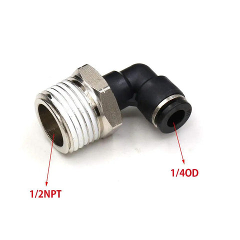 1/2 NPT Push To Connect Air Fitting 1/4 In OD Tubing Elbow 90 Degree Quick Connect Pneumatic Fittings Male Threaded Lock Push In Tube Connector 2 Pack For Air And Water Lines, black and silver