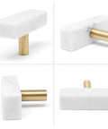 Sweet Finish T-Shaped Marble Cabinet Knobs With Brushed Brass Base, sharp drawer pulls showing top and side views.