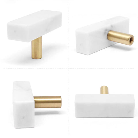 Sweet Finish T-Shaped Marble Cabinet Knobs With Brushed Brass Base, sharp drawer pulls showing top and side views.