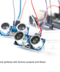 Five Piece Ultrasonic Sensor Blocks Kit With Three Mounting Brackets For DIY Robot Nerds And Raspberry Pi Arduino Mega Duemilanove Projects, showing close-up of connected HC-SR04 module.