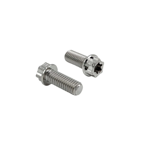 Two Titanium Motorcycle Bolts Set M6x1.0 Torx Hex Head Titanium Flange Bolts Dual Drive Lightweight Yet Ultra Strong shown.
