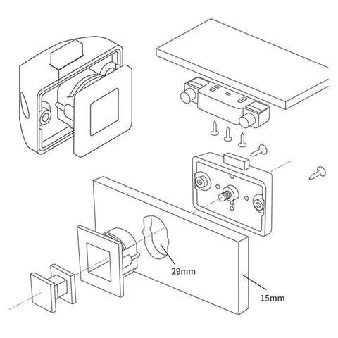 Exploded diagram of RV Push Cabinet Lock Latch for Motorhome Camper Yacht Drawers with nylon and stainless steel construction