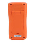 Back view of True RMS Digital Multimeter for Auto and Home Use, battery compartment, orange casing, screws visible