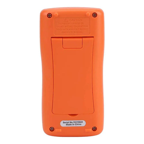 Back view of True RMS Digital Multimeter for Auto and Home Use, battery compartment, orange casing, screws visible