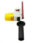 Badass Handheld Electric Belt Sander With Seven Adjustable Speeds and Killer Apex Edge Sharpening Setup showing yellow motor and adjustable speed button.