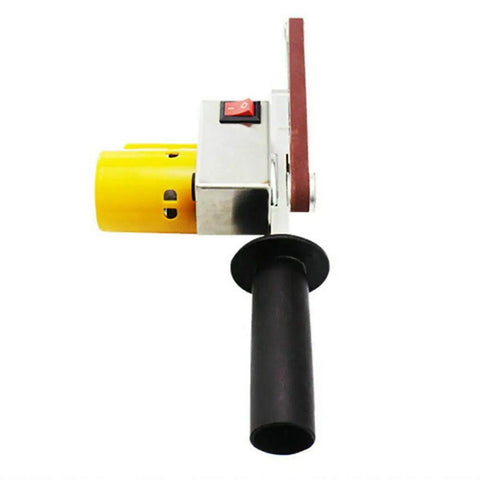 Badass Handheld Electric Belt Sander With Seven Adjustable Speeds and Killer Apex Edge Sharpening Setup showing yellow motor and adjustable speed button.