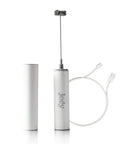 USB Rechargeable Electric Milk Frother Handheld Wand With Dual Speed Stainless Steel Whisk, travel case visible