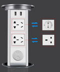 Top Shelf Retractable Countertop Power Outlet With Easy Peasy Automatic Lift And Fast Usb Charging Ports Round Pop Up Electrical Box with two outlets and USB ports.