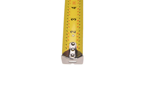 Close-up of the tip of the Big Blue Tape Measure Thirty Three Feet With One And A Quarter Inch Wide Blade Easy Read Markings Pro Grade.
