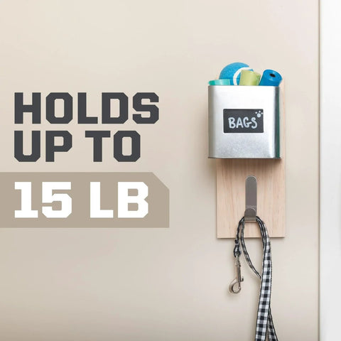 Indoor Double Sided Mounting Tape 1/2 Inch By 80 Inch With Industrial Strength Adhesive For Painted Surfaces Holds Up To 15 Pounds On Contact, showing tape holding hooks and bags with text 'Holds Up To 15 LB'.