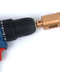 Diamond hole saw core bit, 1-1/4 in, attached to blue cordless drill with center pilot bit.
