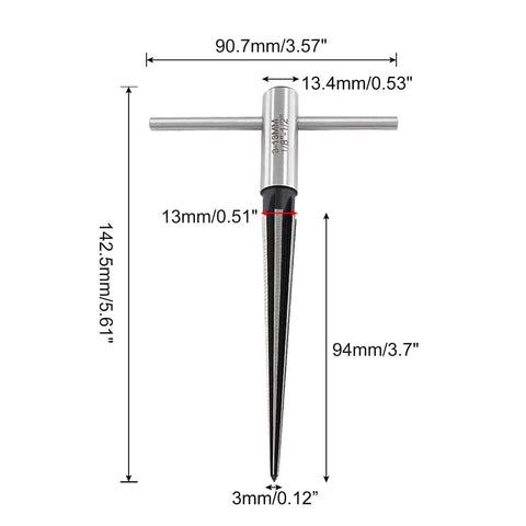 Pro Grade T Handle Tapered Reamer For Guitar Bridge Pins And End Pins, 1/8 Inch To 1/2 Inch (3mm To 13mm), dimensions displayed