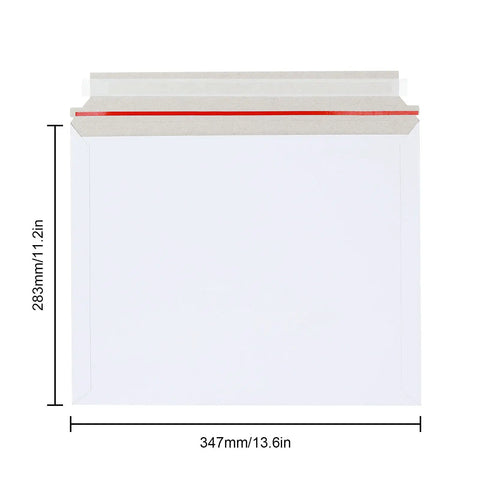 50 Pack 11x14 Inch Rigid Cardboard Mailers Stay Flat White Self Seal Photo Envelopes For Photos Documents Prints No Bend 13.6 By 11.2 Inches Ship Ready For Fragile Prints shown with dimensions