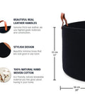 Black Cotton Rope Storage Basket With Real Leather Handles Big 20x13 Inch Blanket And Toy Organizer For The Living Room
