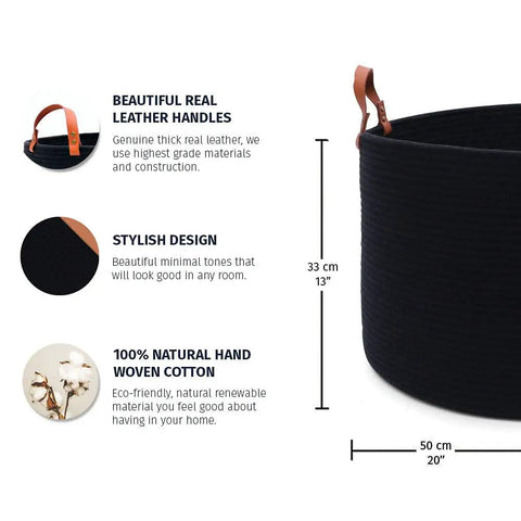 Black Cotton Rope Storage Basket With Real Leather Handles Big 20x13 Inch Blanket And Toy Organizer For The Living Room