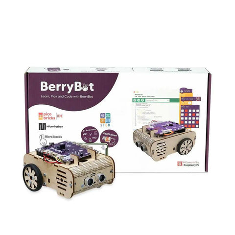 Hands On Programmable Robot Kit With Raspberry Pi RP2040 For STEM Learning, Drag And Drop Graphical Coding, No Fuss Assembly, Obstacle Avoidance, Line And Light Tracking, Sumo Battle Modes, Scratch Robot shown with wooden chassis