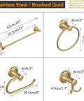 Brushed Gold 4 Piece Bathroom Hardware Set For Walls With Towel Bar Towel Ring Toilet Paper Holder And Double Towel Hooks