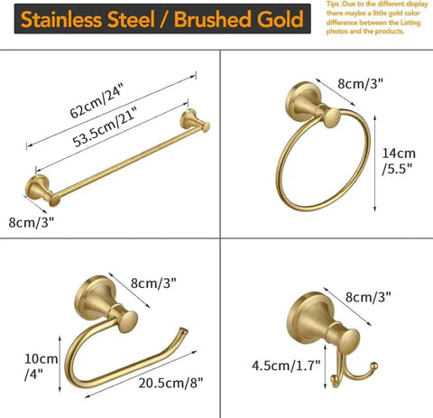 Brushed Gold 4 Piece Bathroom Hardware Set For Walls With Towel Bar Towel Ring Toilet Paper Holder And Double Towel Hooks