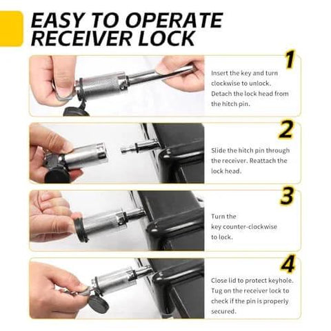 Instructional steps using Beefy Universal Hitch Receiver Lock With One Half Inch And Five Eighths Inch Pins Anti Theft Trailer Lock For Class I To V