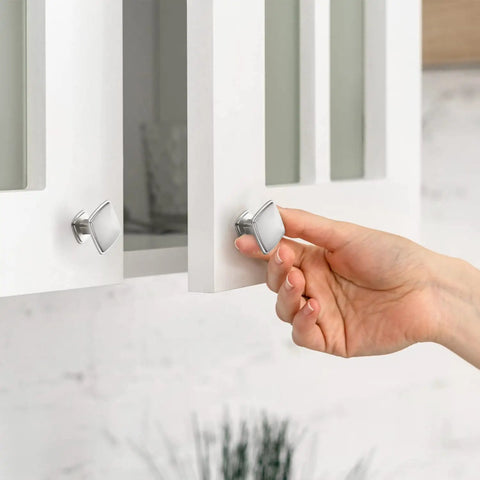 Hand holding Sturdy Zinc Alloy Brushed Nickel Cabinet Knob, Silver Square Drawer Knobs For Cabinets, Dressers, Anti Rust Finish