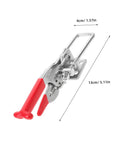 Rugged Rubber Hood Lock T-Handle with elastic vibration dampening mechanism, shown with red handle and metal latch, size 13cm x 4cm.