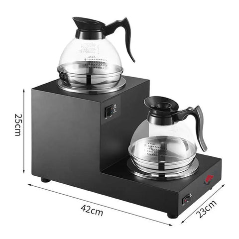 Heavy Duty Commercial Coffee Maker With Double Hot Plate Pot Warmer showcasing dual glass pots on a stainless steel base.