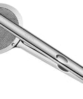 Side view of stainless steel oil strainer spoon with round mesh filter and claw design, 304 stainless, frying oil clamp