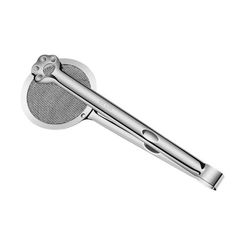 Stainless steel oil strainer with round mesh disc and claw-design tip, long handle for frying oil filtration.