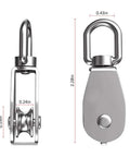 Close-up of 6 Pack 0.59 Inch Single Pulley Block 304 Stainless Steel M15 Crane Swivel Hook with dimensions shown
