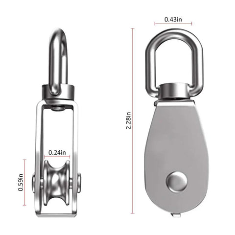 Close-up of 6 Pack 0.59 Inch Single Pulley Block 304 Stainless Steel M15 Crane Swivel Hook with dimensions shown