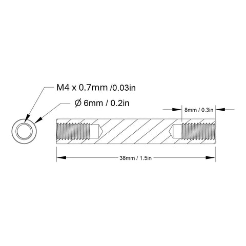 4 Pack Heavy Duty Aluminum Female To Female Threaded Standoff Spacers M4 Thread 38Mm Length technical dimensions diagram