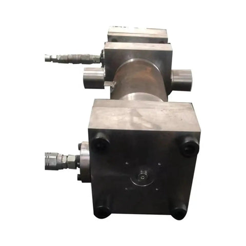 Close-up of a Rugged Hydraulic Double Acting Cylinder 160 Bore with connectors for heavy lifting and pressing in industrial settings.