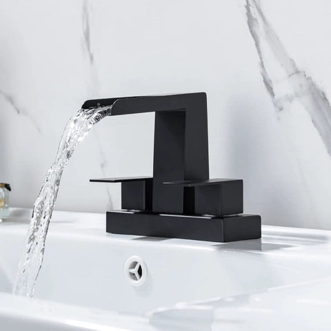 4 Inch Centerset Vanity Sink Faucet With Dual Handle Waterfall Spout Three Hole Basin Mixer Dope Matte Black Finish