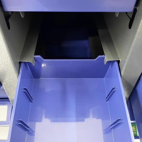 Close-up of blue drawer in Heavy Duty Parts Cabinet With 75 Drawers Tool Storage Organizer For Bolts And Nuts, with dividers.