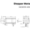 Stepper motor schematic with side and front views, mounting holes and shaft; model 34CS85FK-490Z