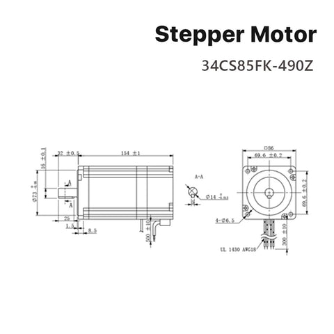 Stepper motor schematic with side and front views, mounting holes and shaft; model 34CS85FK-490Z