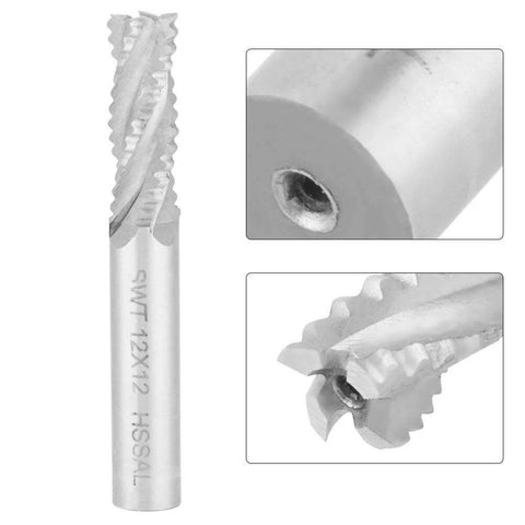 Roughing end mill set, HSS, 4-flute, straight shank, 7 pcs
Roughing end mill shank bore close-up
Roughing end mill tip close-up, 4 flutes