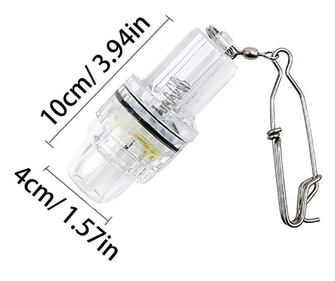 Deep Drop Fishing Light Lure With Flashing LED Strobe, Waterproof Clip On Underwater Lamp, clear plastic, dimensions shown
