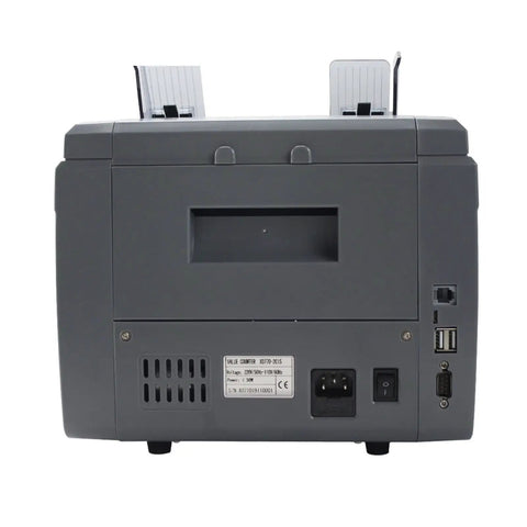 Back view of the Slick Heavy Duty Money Counter Machine Featuring Automatic Mixed Denomination Processing And Straight Up Counterfeit Detection
