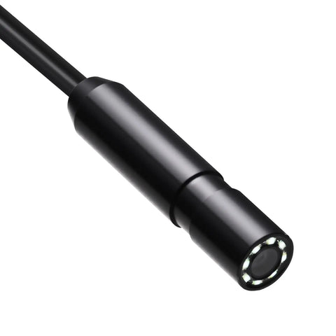 Close-up of Endoscope Camera with 49.2ft semi-rigid cable, 8 LED lights, for Android and iOS, 1920p HD borescope inspection tool.