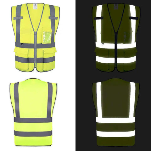 High Visibility Safety Vest With Reflective Strips And Zipper, 10 Packs For Men And Women, front and back view, yellow XL