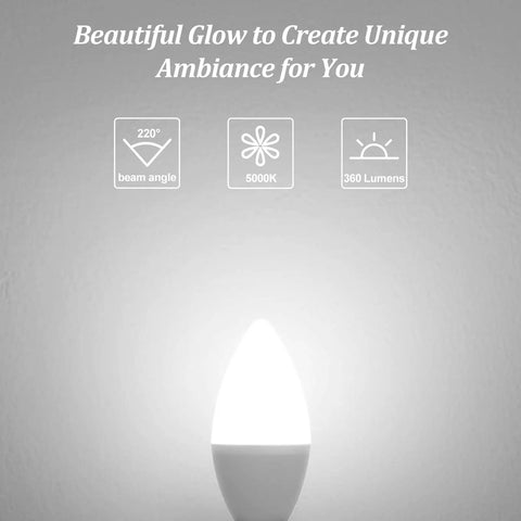 Crisp Daylight LED Candelabra Bulbs 40W Equivalent, 4W E12 Small Base shining bright with 5000K daylight white light, non-dimmable