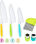 Kids' Cutting Set: three toddler-safe plastic knives with color-coded handles (yellow, lime, teal) and a safety peeler.