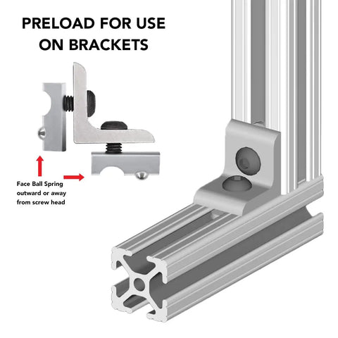 Built Tough Threaded M8 Steel Self Aligning Roll In T Nuts With Ball Spring for 15 40 series aluminum extrusion mounted on brackets.