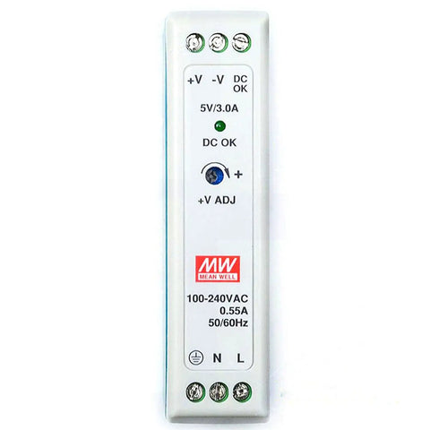 Rock Solid Din Rail Mount Industrial Power Supply 5V 3A 20W DC Transformer White casing with adjustable voltage and LED indicators.